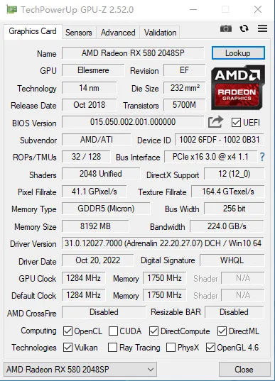 Placa De Vídeo Gamer MLLSE AMD Radeon RX 580 8GB 2048SP Graphics Card GDDR5 256-bit PCI Express 3.0 ×16